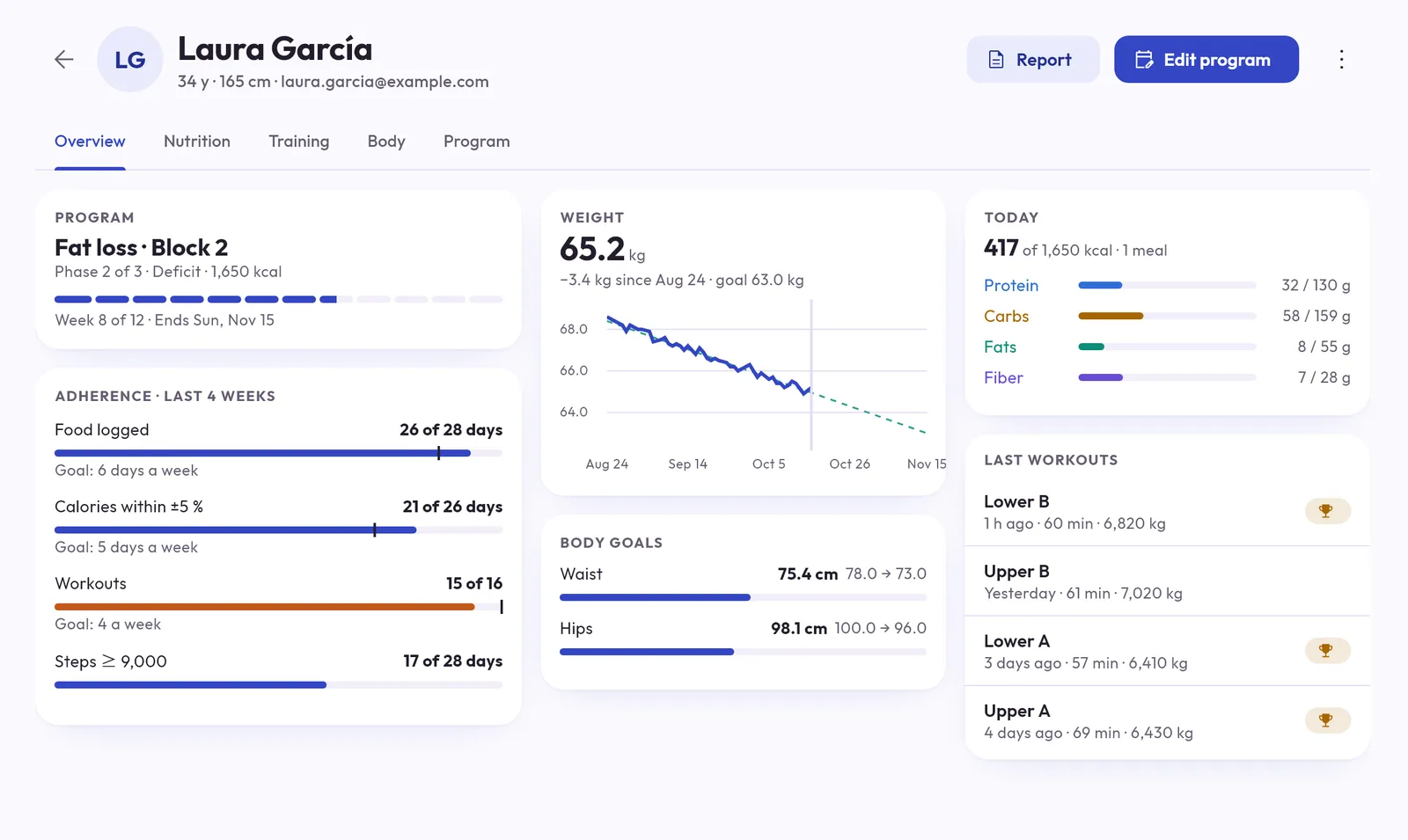 A client's profile in Coach with weight, adherence and the latest workouts