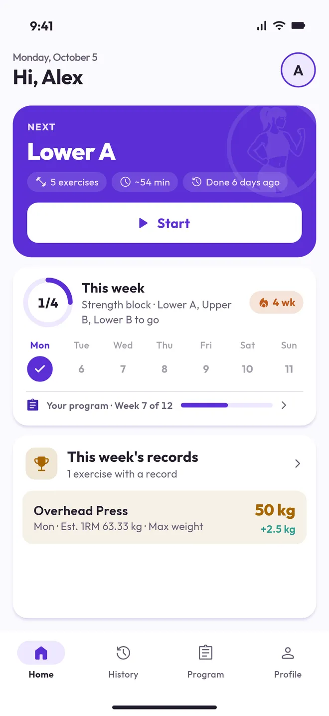 The Workout home with the next workout and the week