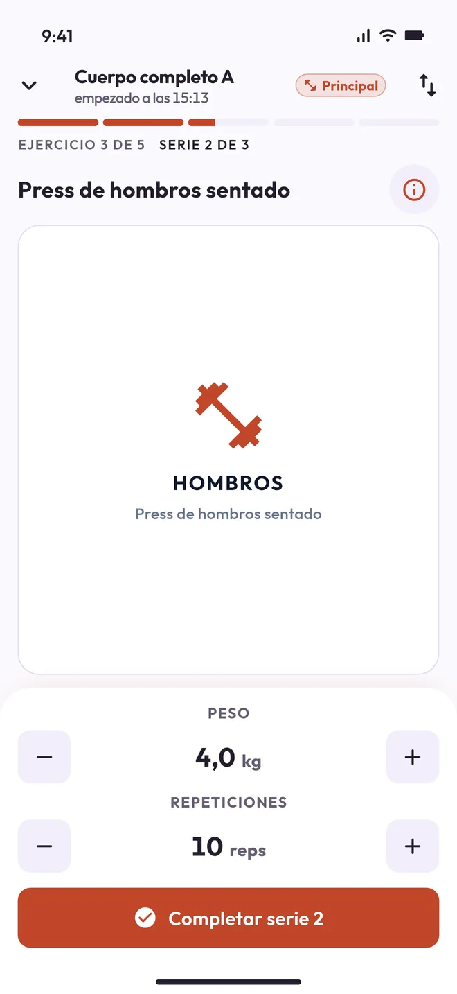 Un ejercicio en Lite con botones grandes de peso y repeticiones