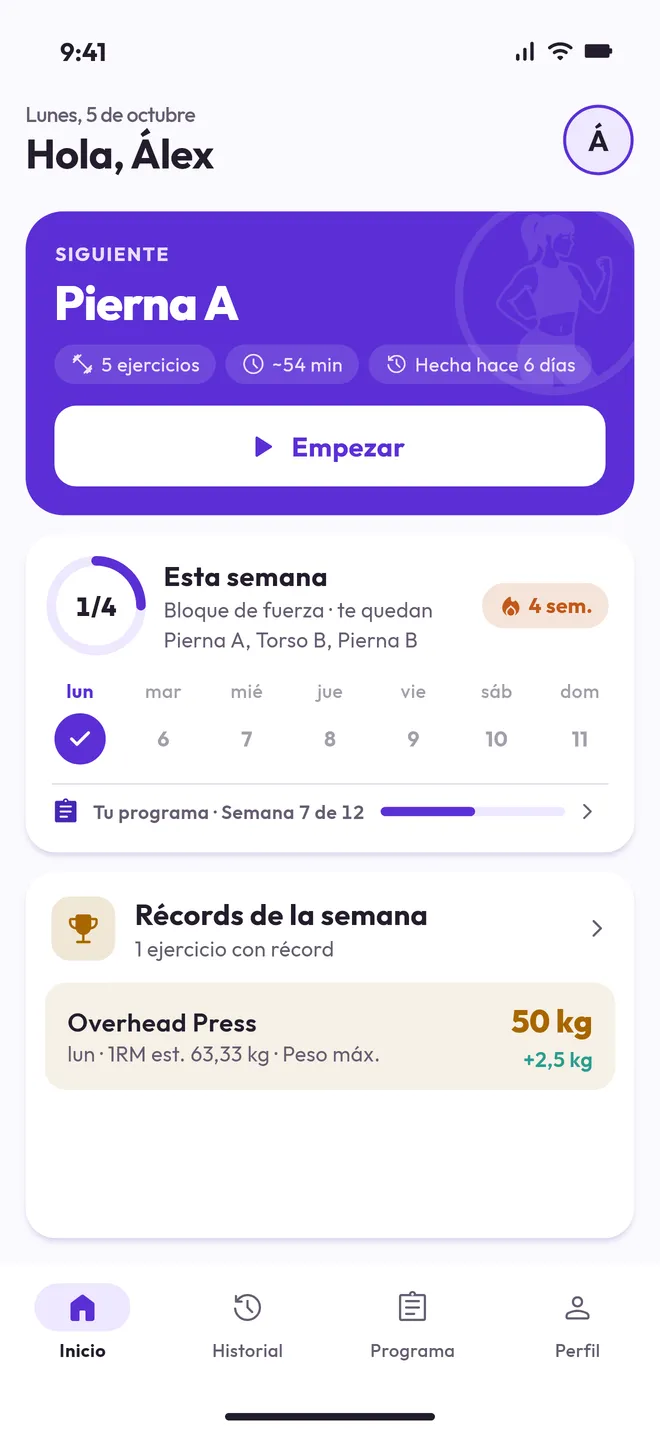 Inicio de Workout con el próximo entreno y la semana